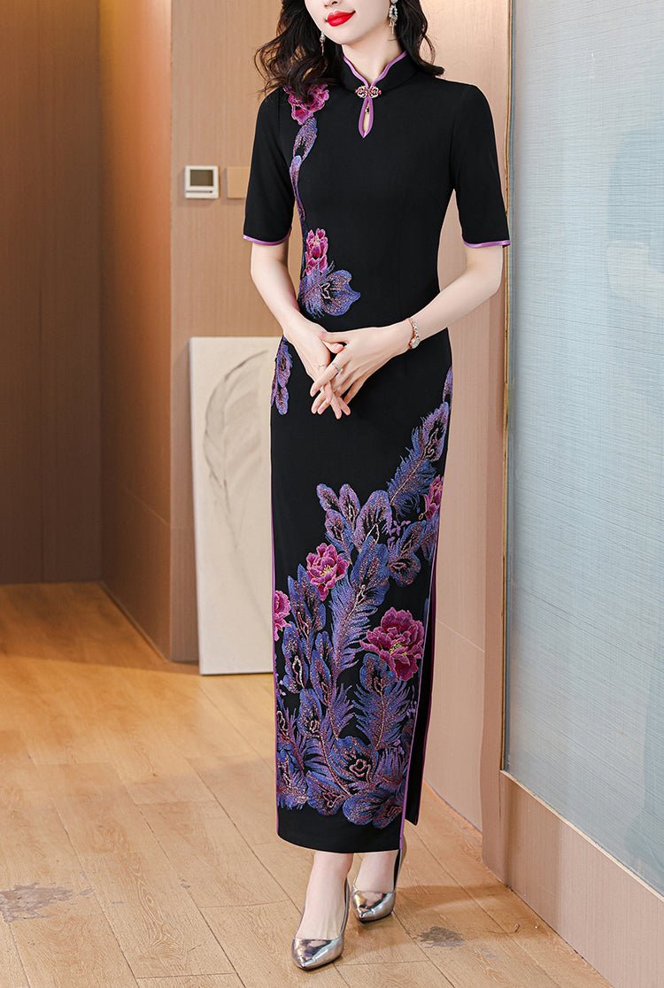 Black Embroidered Flower Slit Cheongsam Dress