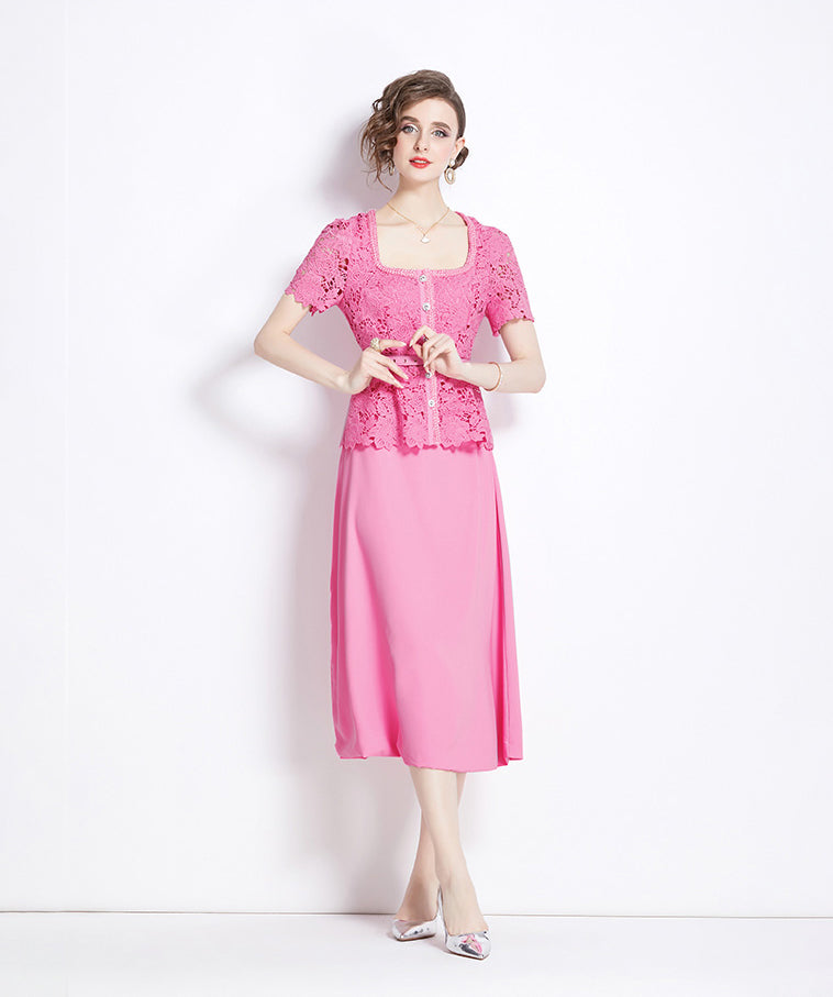 Pink Square Neck Lace Splicing Fake Two Pieces Dress