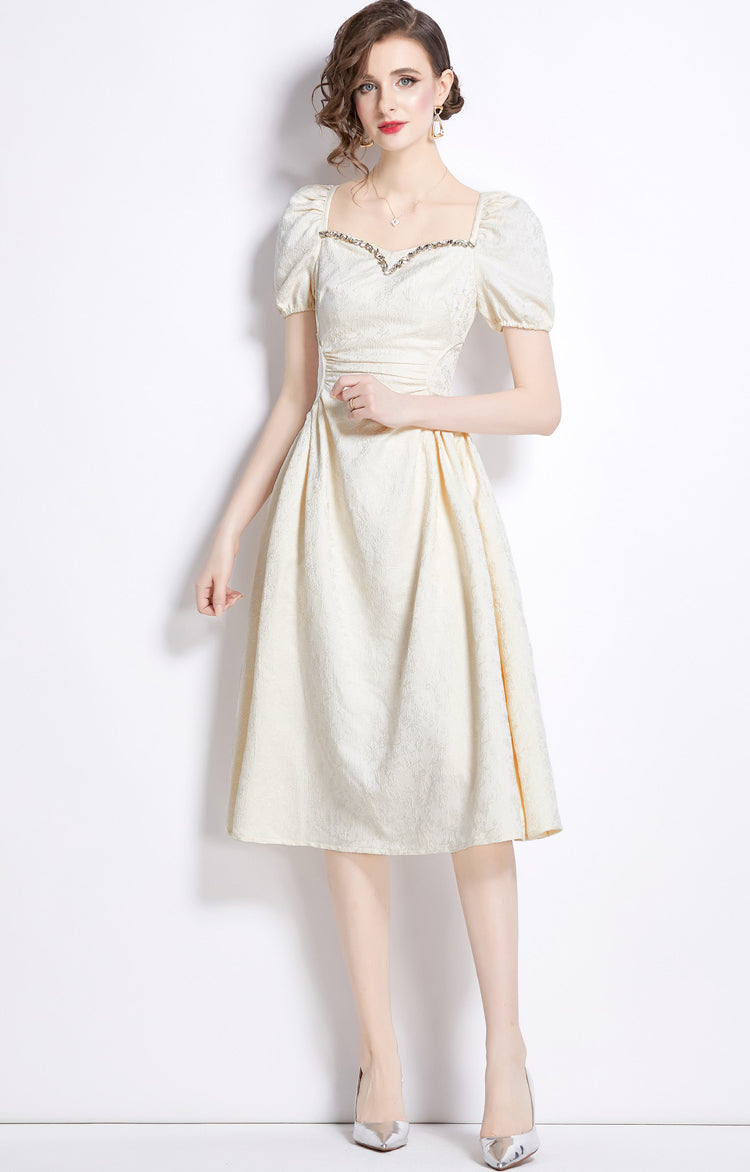 Off White Handmade Studded Square Neck Dress