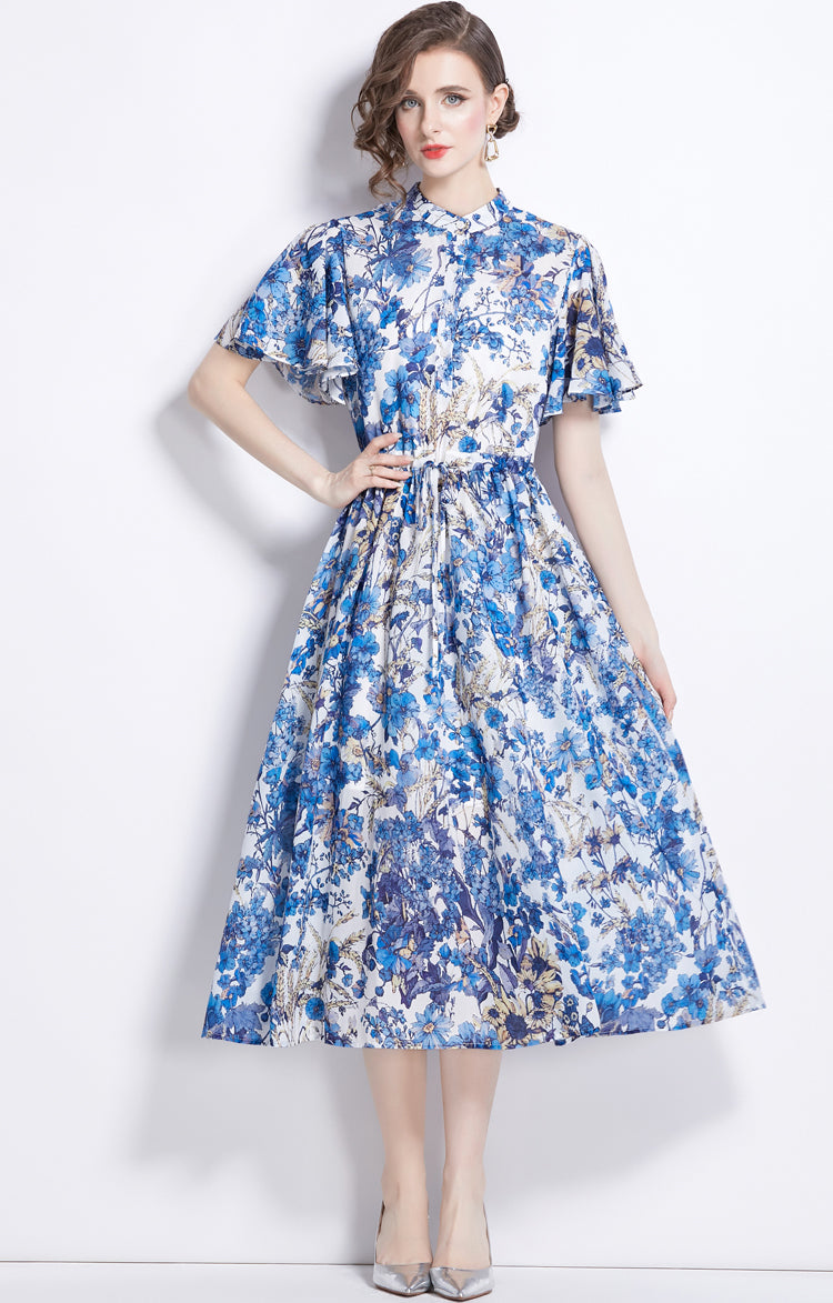 Blue Flower Print Waist Drawstring Dress
