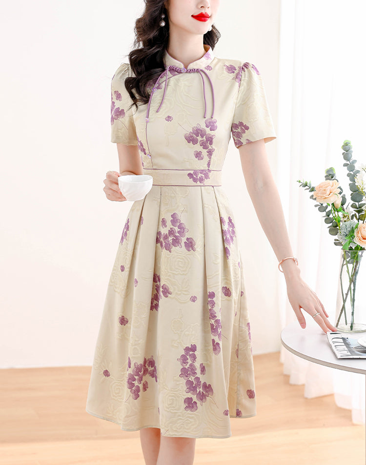 Apricot Pleated Purple Flower Print Cheongsam Dress