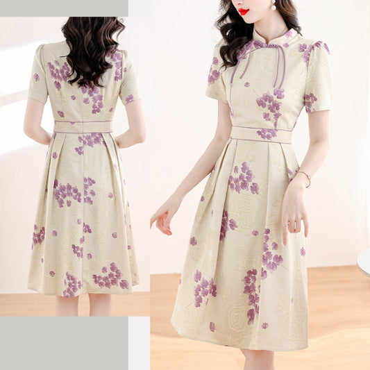 Apricot Pleated Purple Flower Print Cheongsam Dress