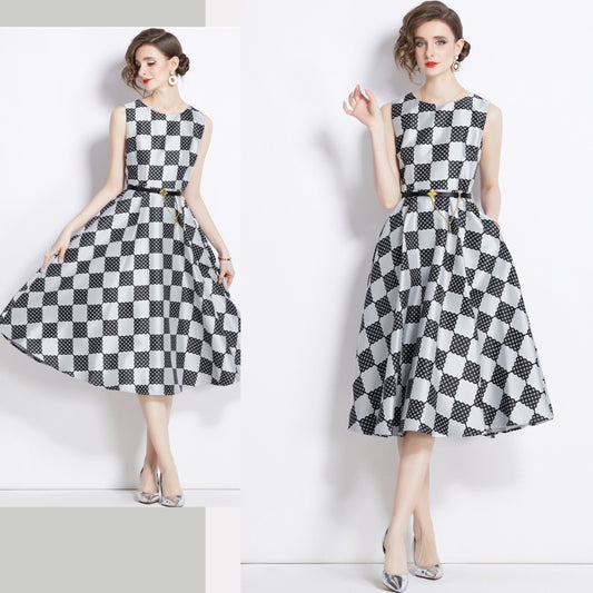 Black And White Lattice Sleeveless A-line Dress