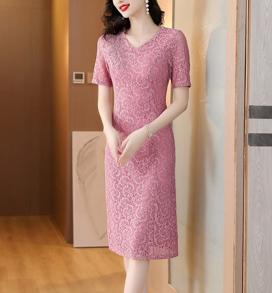 Pink V-neck Lace Dress