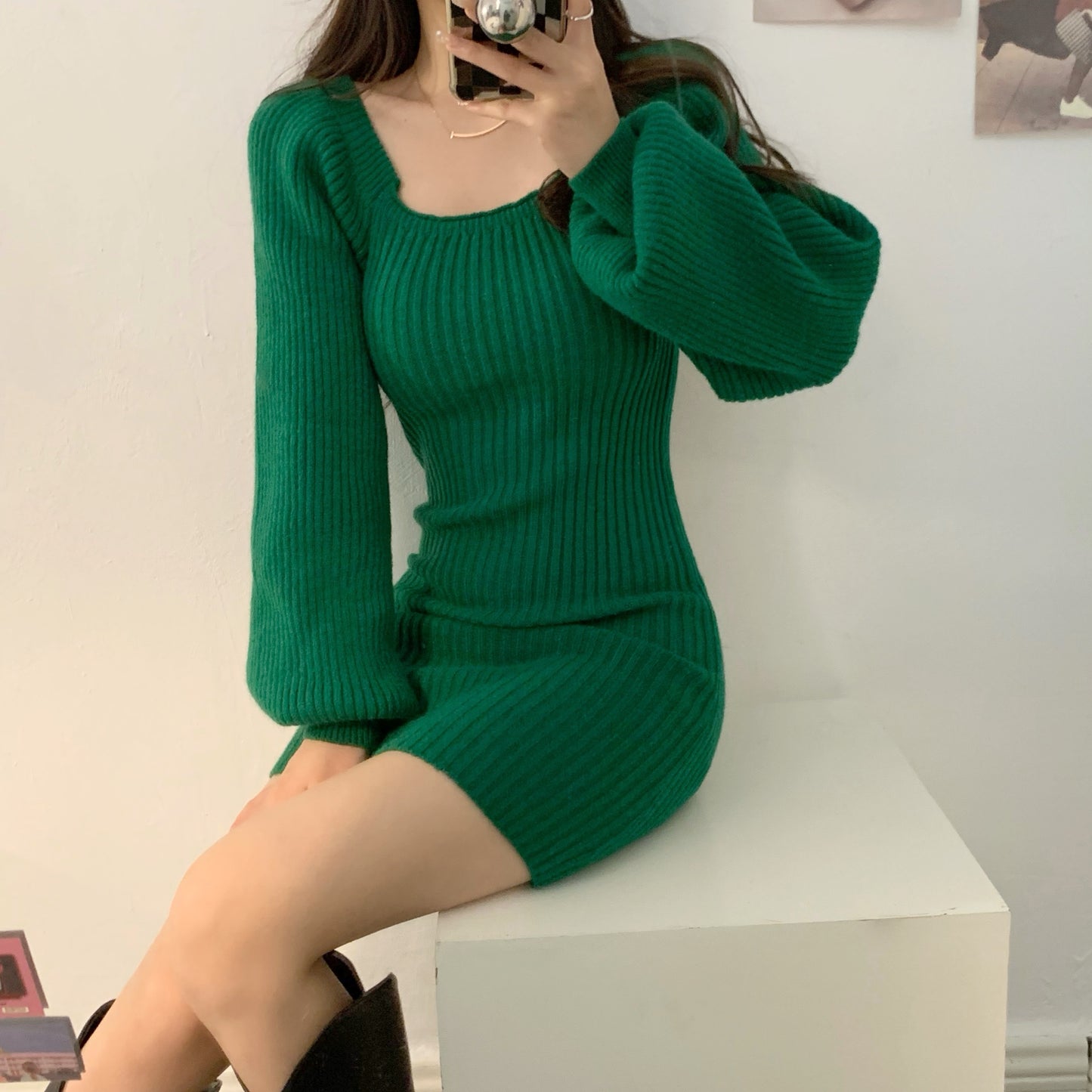 Knitted Square Collar Mini Dress