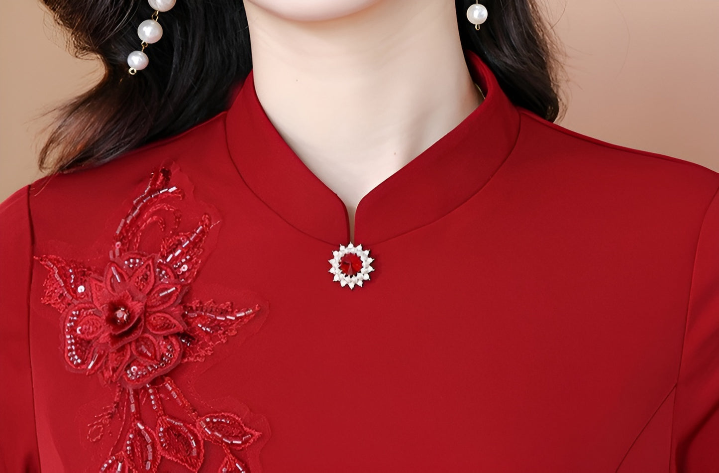 Red Long-sleeve Cheongsam Banquet Dress