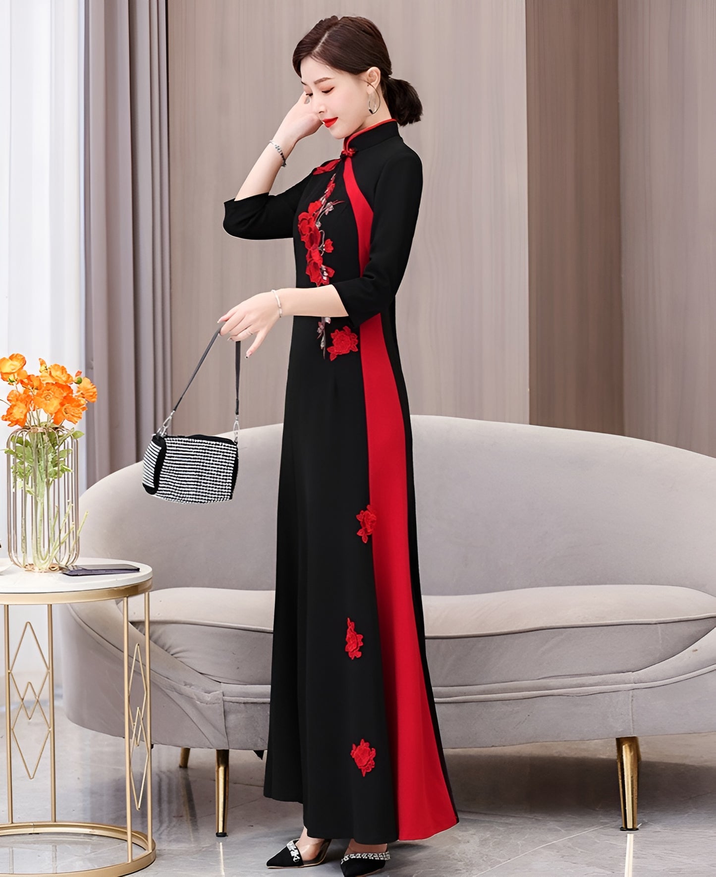 Black And Red Flower Cheongsam Elegant Long Evening Dress