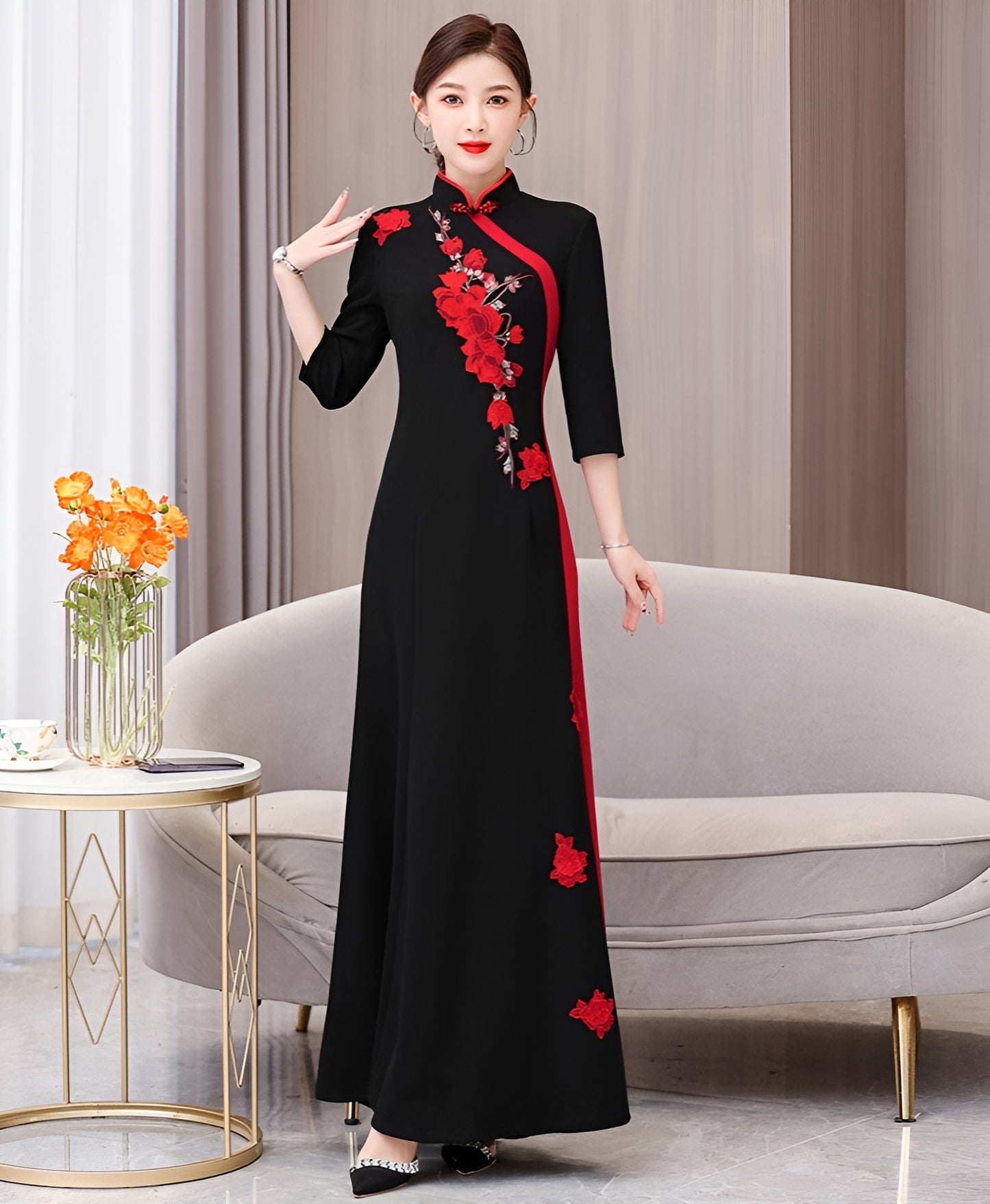 Black And Red Flower Cheongsam Elegant Long Evening Dress