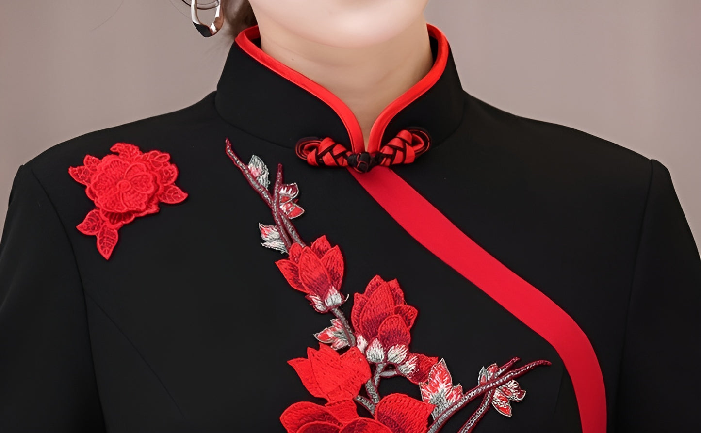 Black And Red Flower Cheongsam Elegant Long Evening Dress