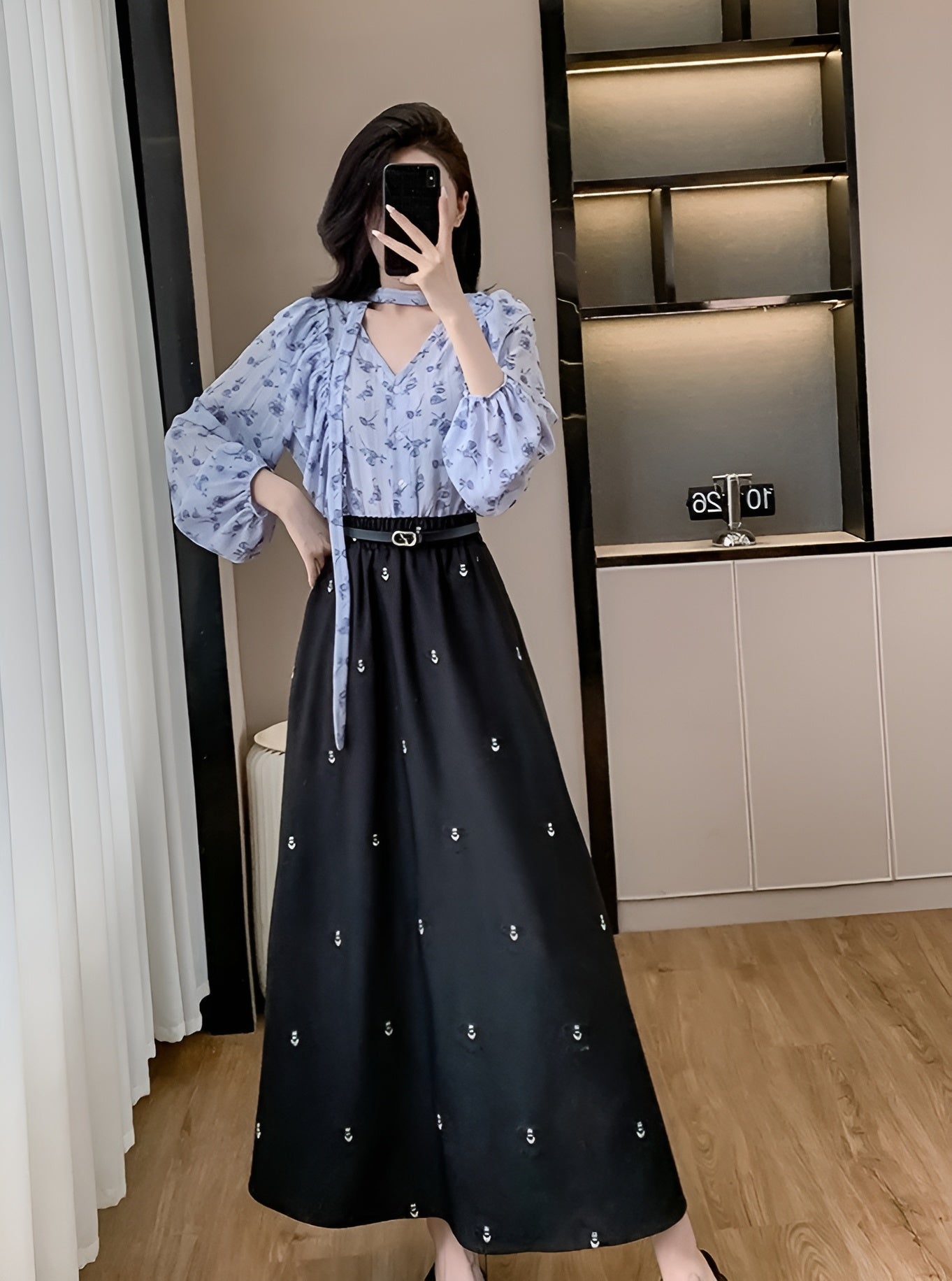 Blue Floral Shirt + Black Long Skirt Two-pieces Set