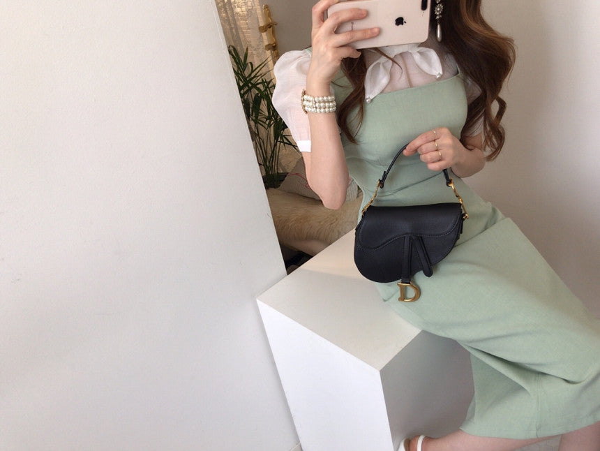 Korean Chic White Shirt + Green Suspender Dress Two Pieces Set