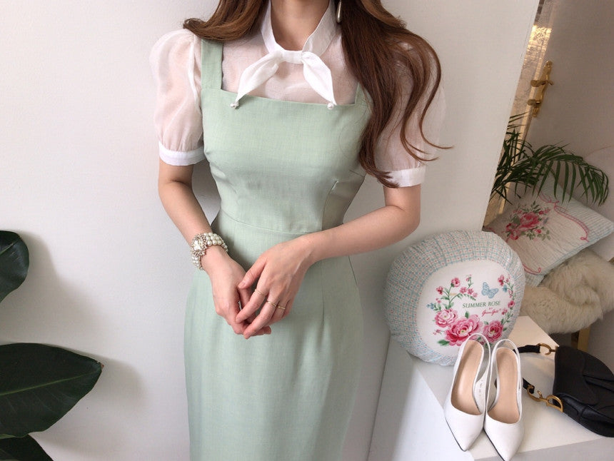 Korean Chic White Shirt + Green Suspender Dress Two Pieces Set