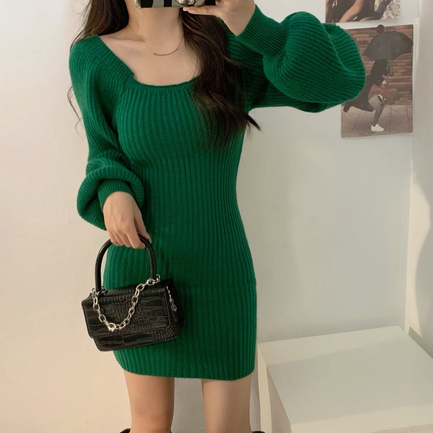 Knitted Square Collar Mini Dress