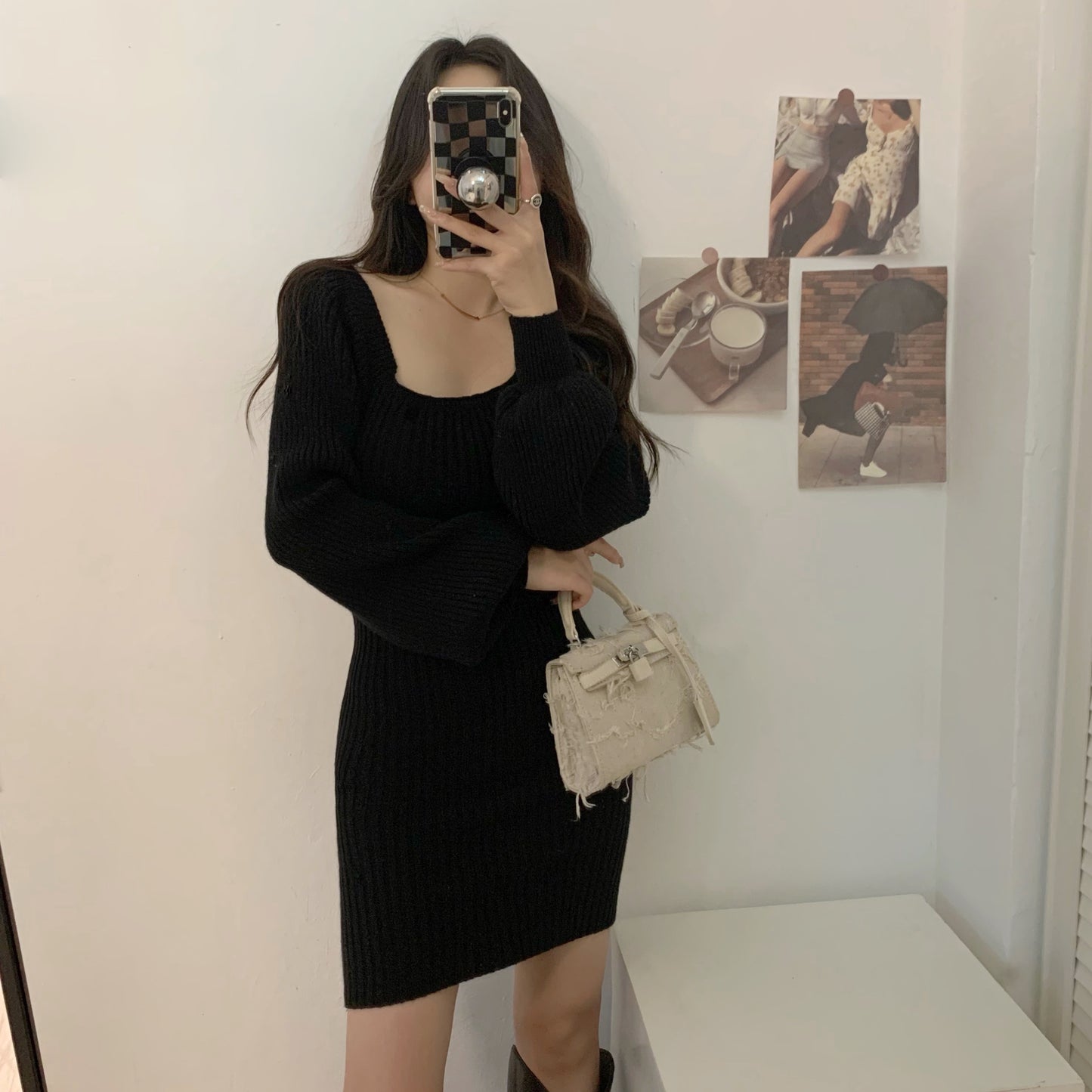 Knitted Square Collar Mini Dress