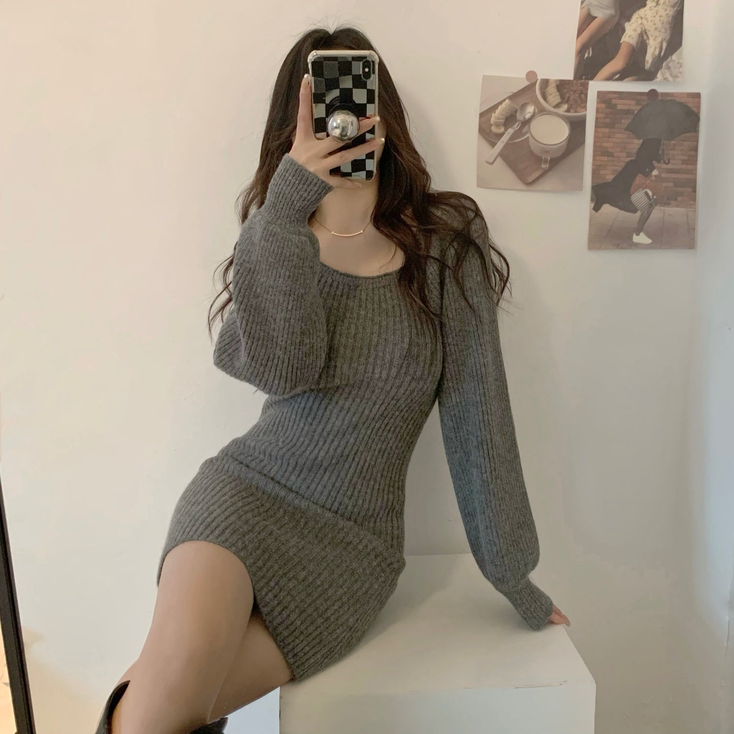 Knitted Square Collar Mini Dress