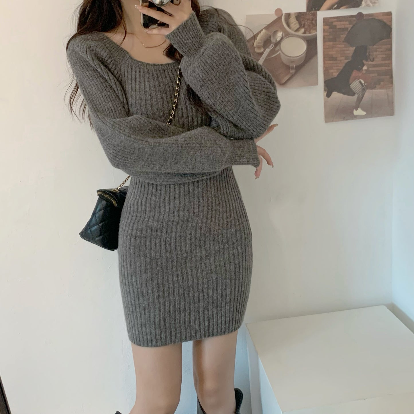 Knitted Square Collar Mini Dress