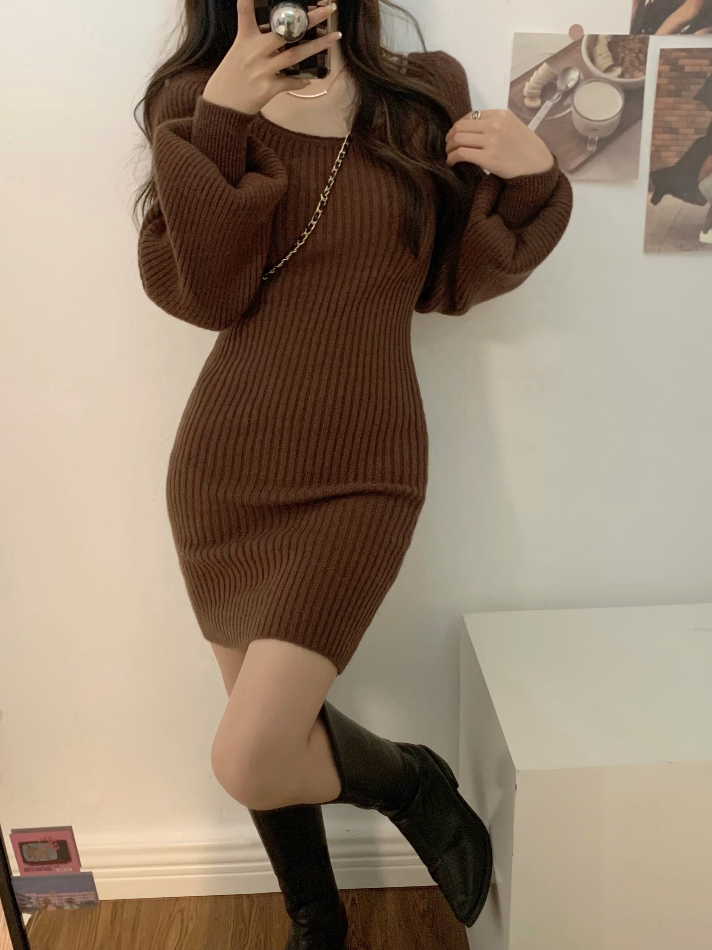 Knitted Square Collar Mini Dress