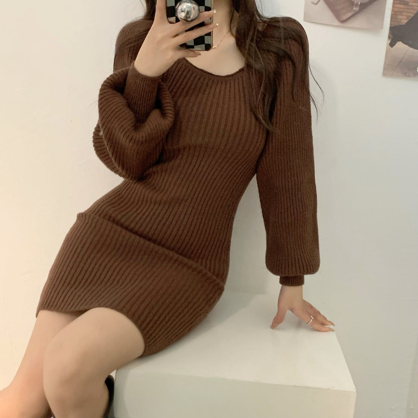 Knitted Square Collar Mini Dress