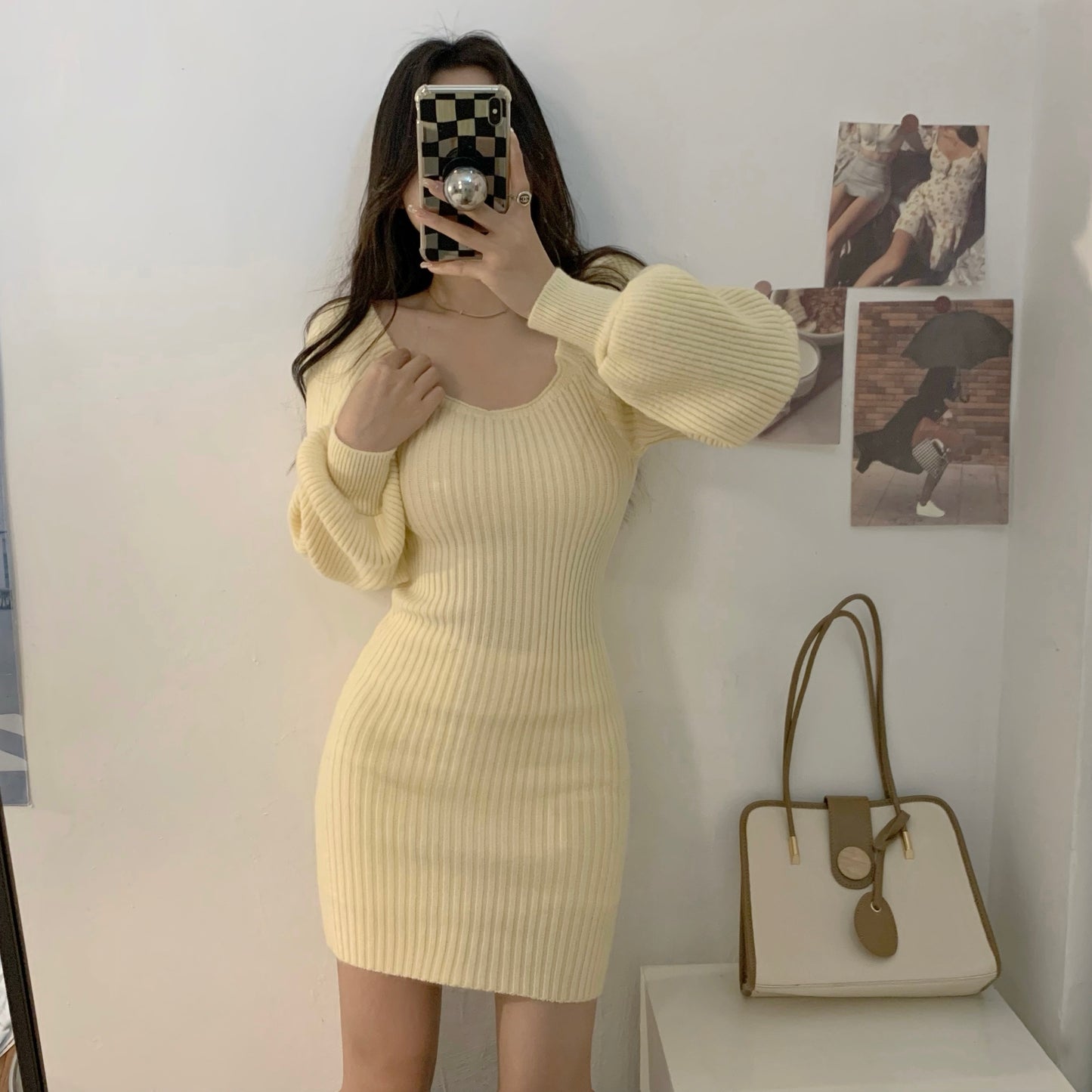 Knitted Square Collar Mini Dress