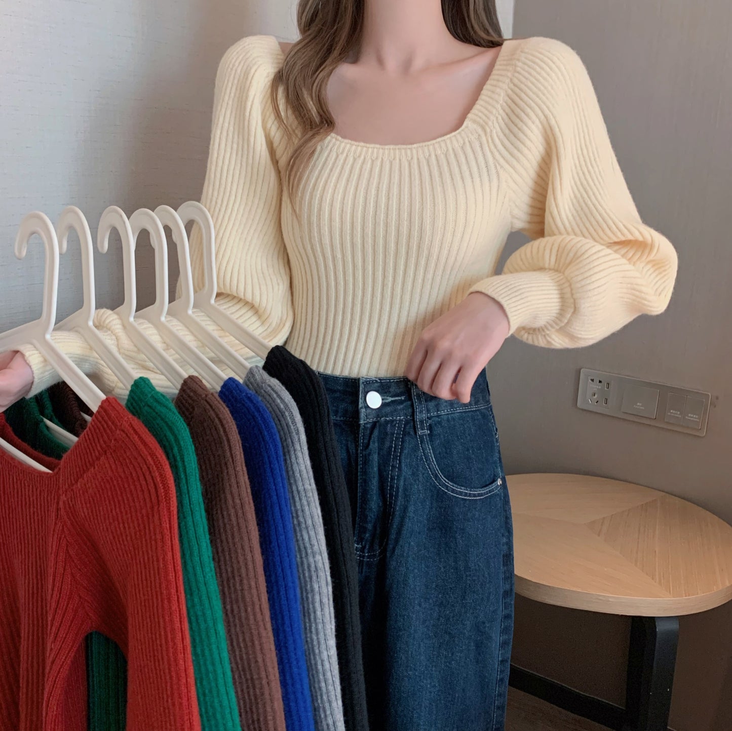 Square Collar Bubble Lantern Sleeve Knitted Women's Sweater