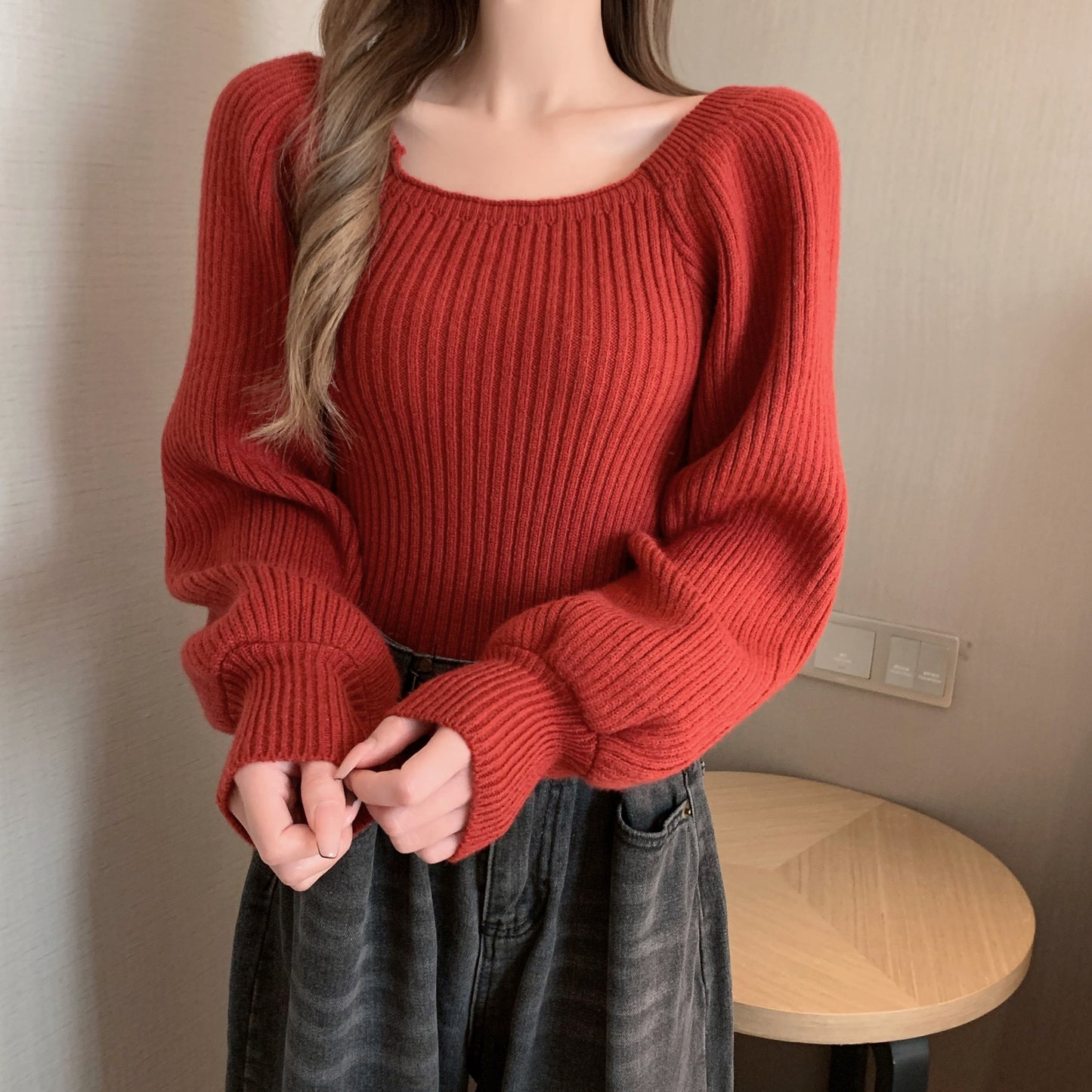 Square Collar Bubble Lantern Sleeve Knitted Women's Sweater