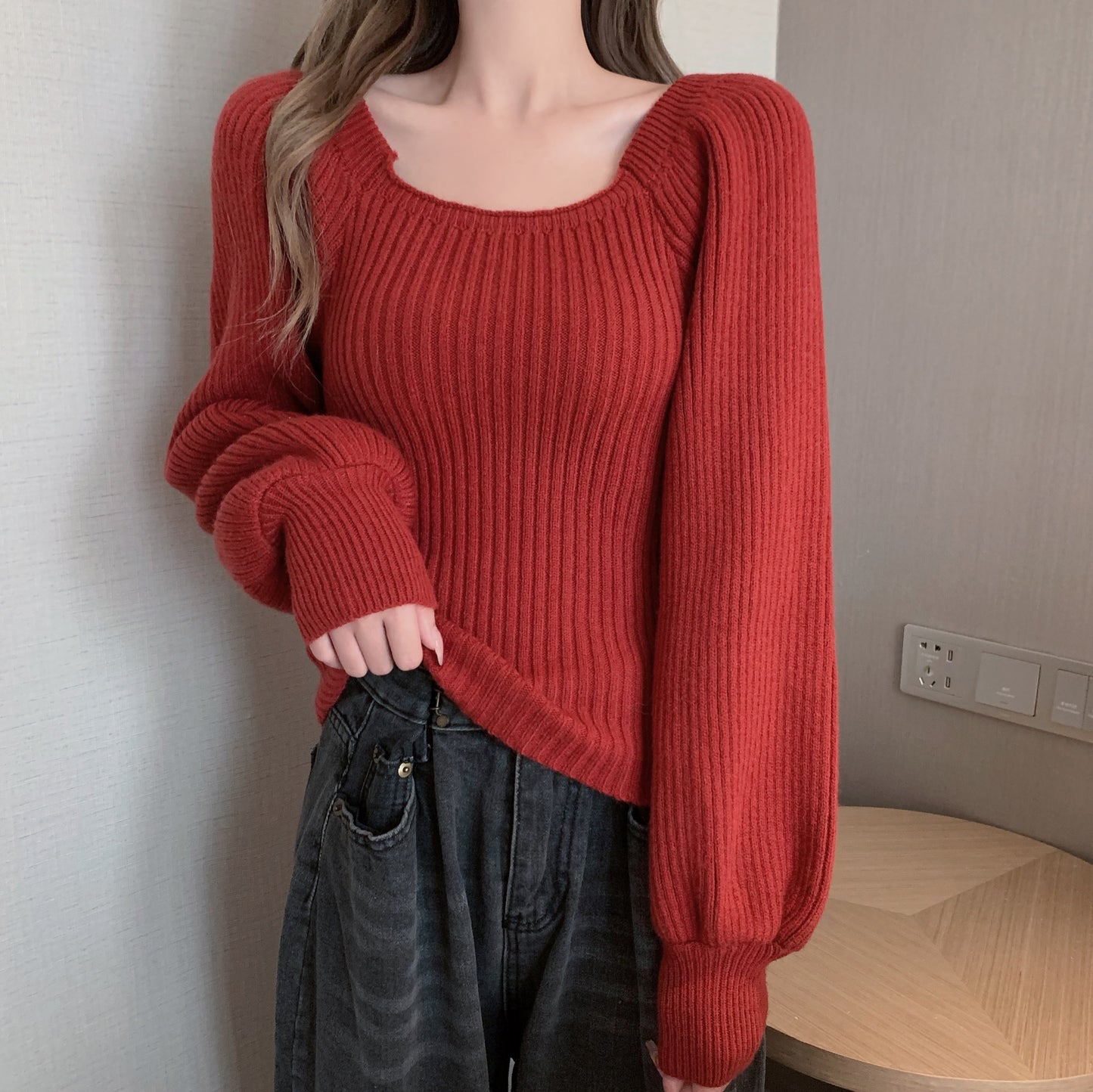 Square Collar Bubble Lantern Sleeve Knitted Women's Sweater