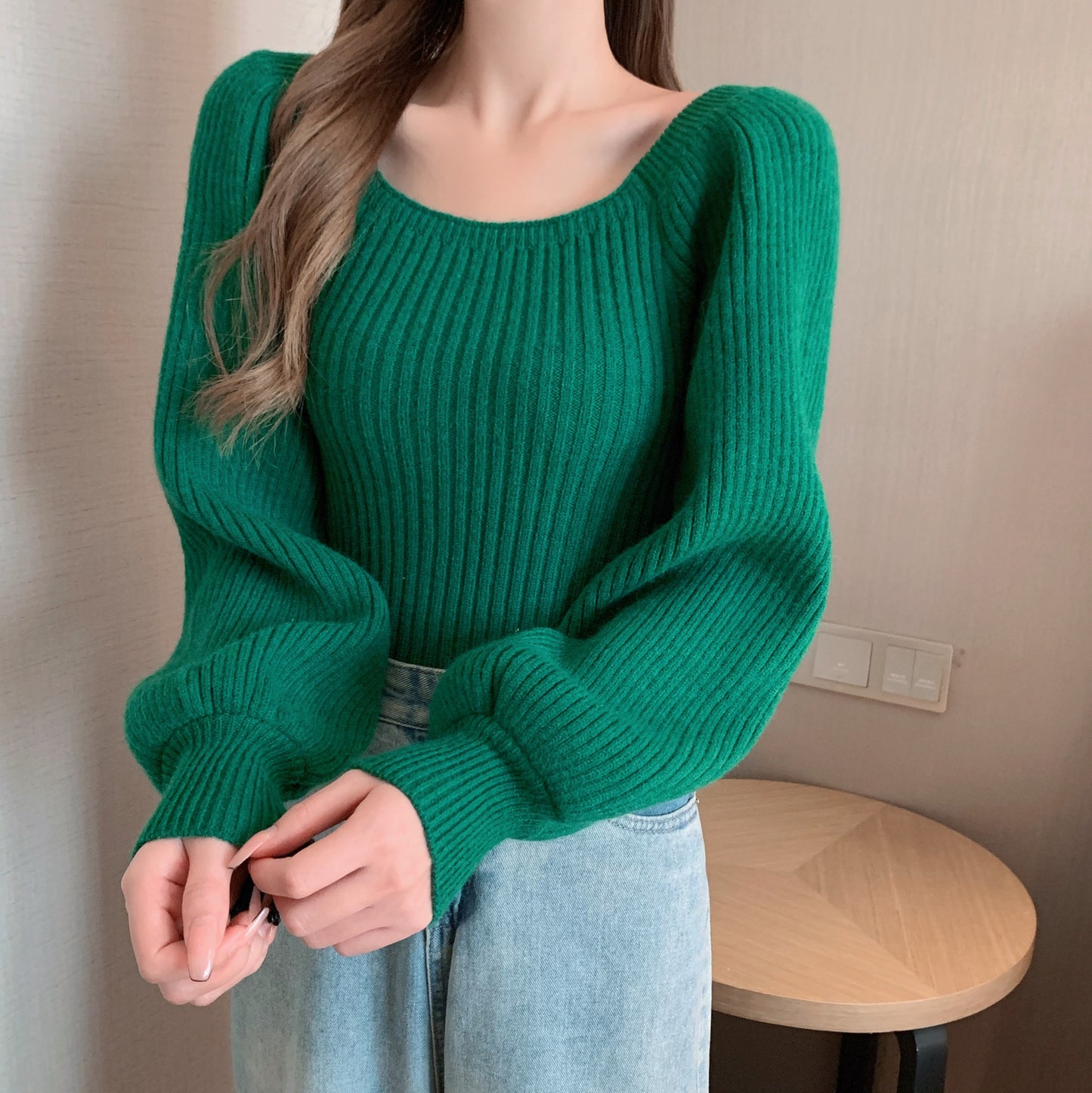 Square Collar Bubble Lantern Sleeve Knitted Women's Sweater