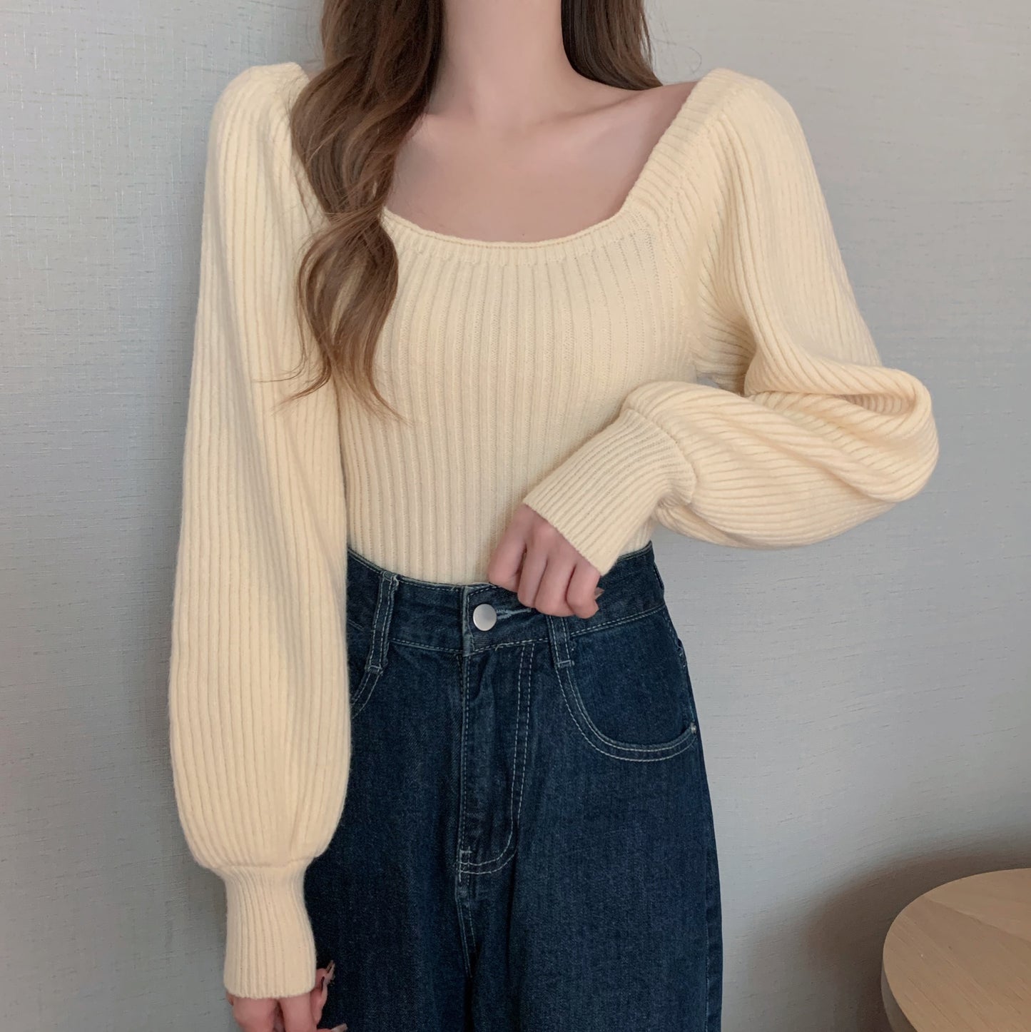 Square Collar Bubble Lantern Sleeve Knitted Women's Sweater