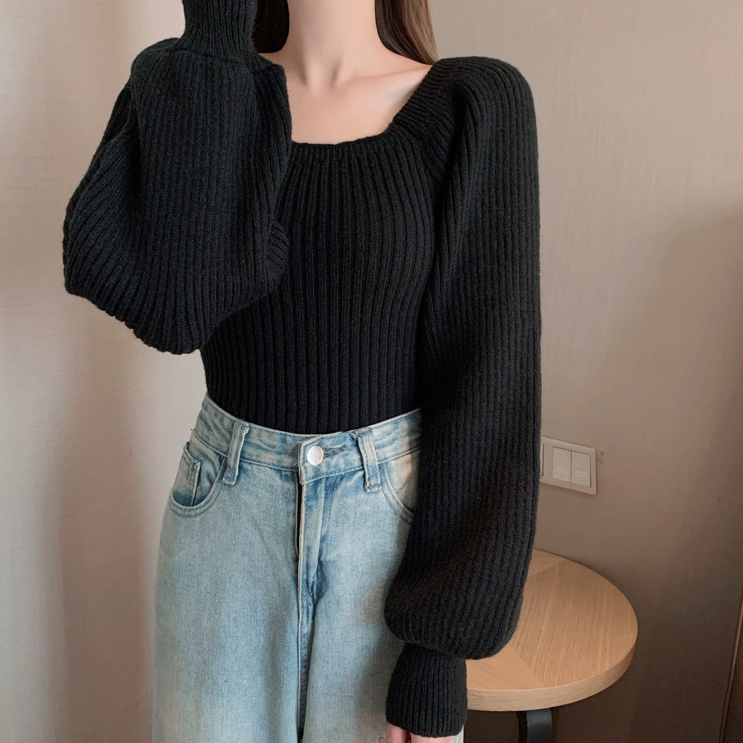 Square Collar Bubble Lantern Sleeve Knitted Women's Sweater