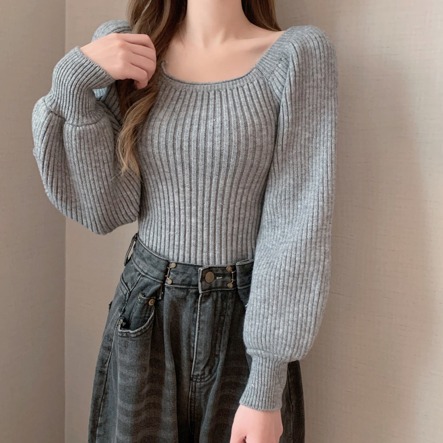 Square Collar Bubble Lantern Sleeve Knitted Women's Sweater