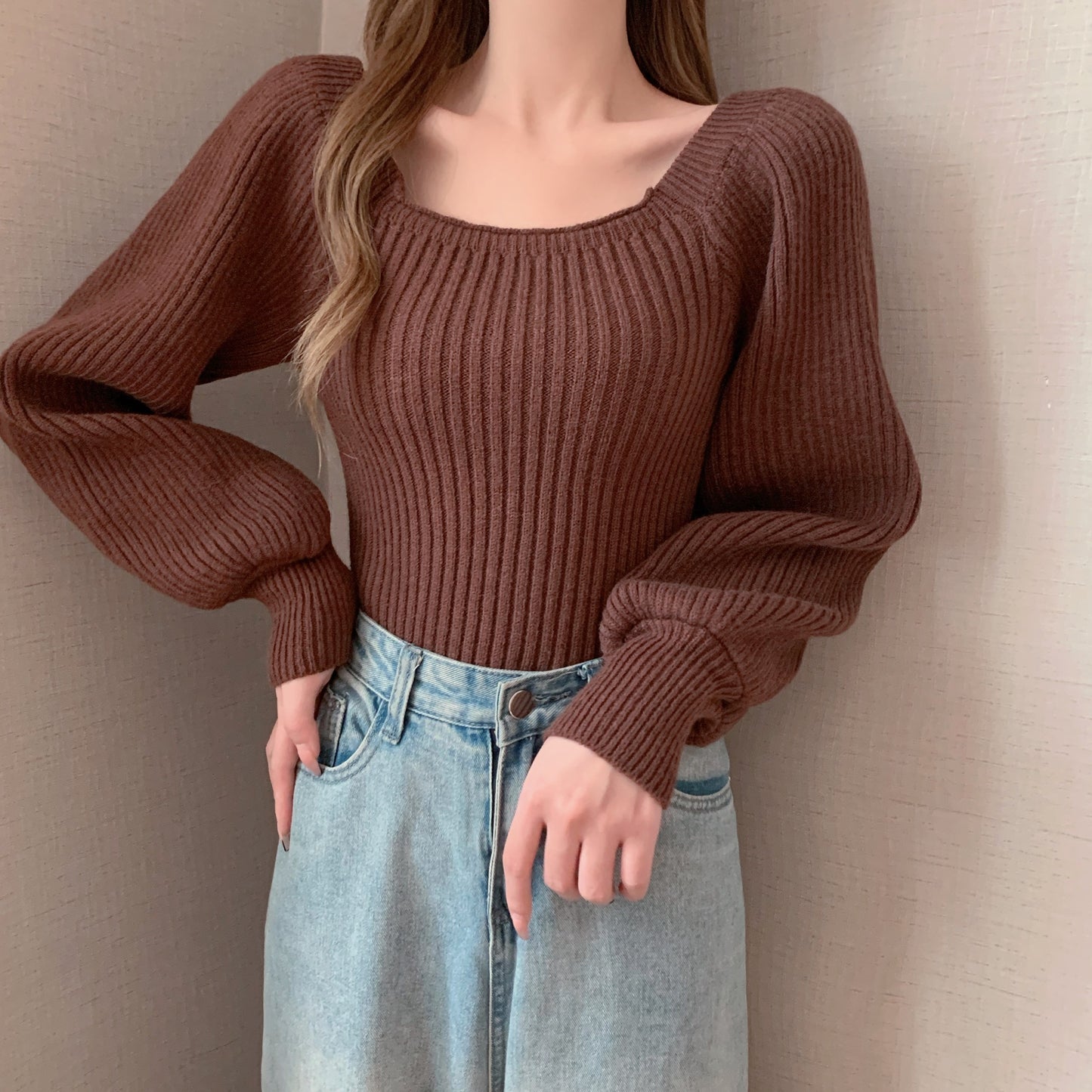 Square Collar Bubble Lantern Sleeve Knitted Women's Sweater