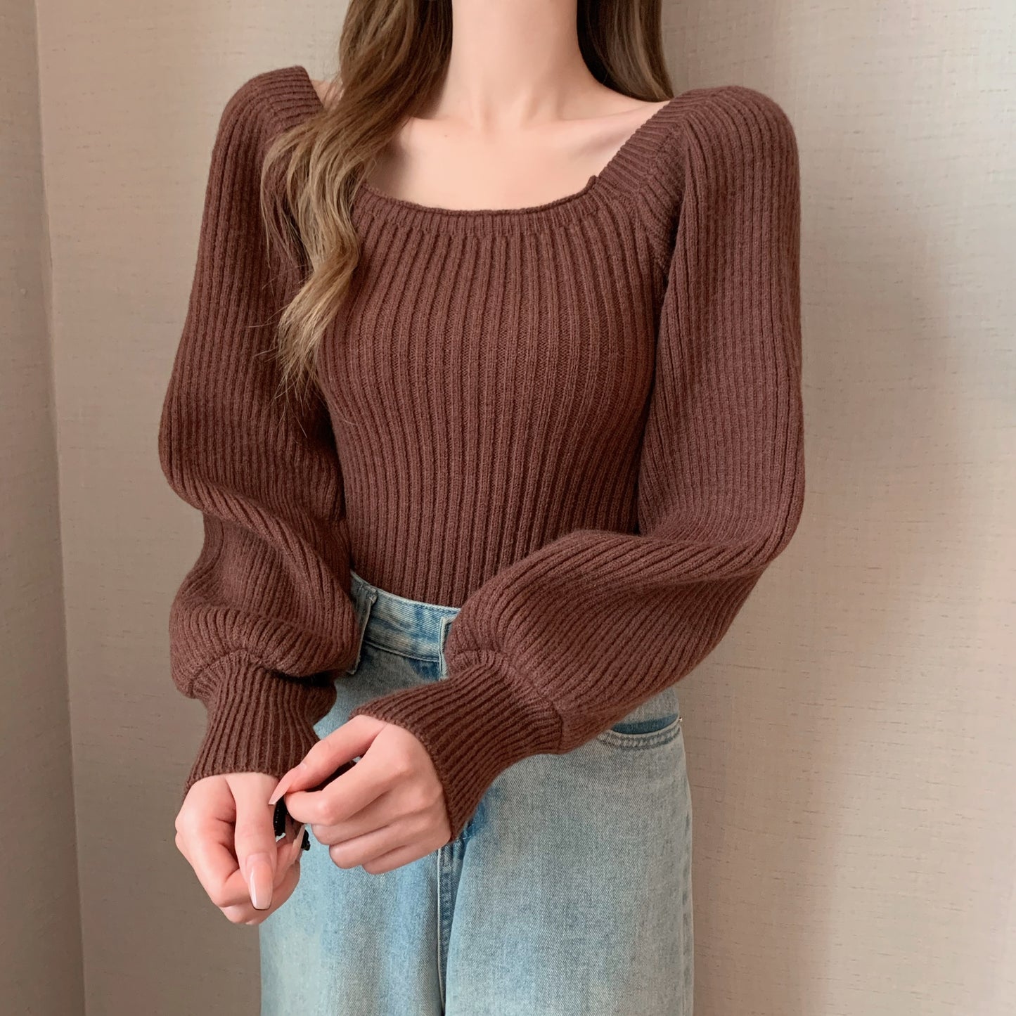 Square Collar Bubble Lantern Sleeve Knitted Women's Sweater