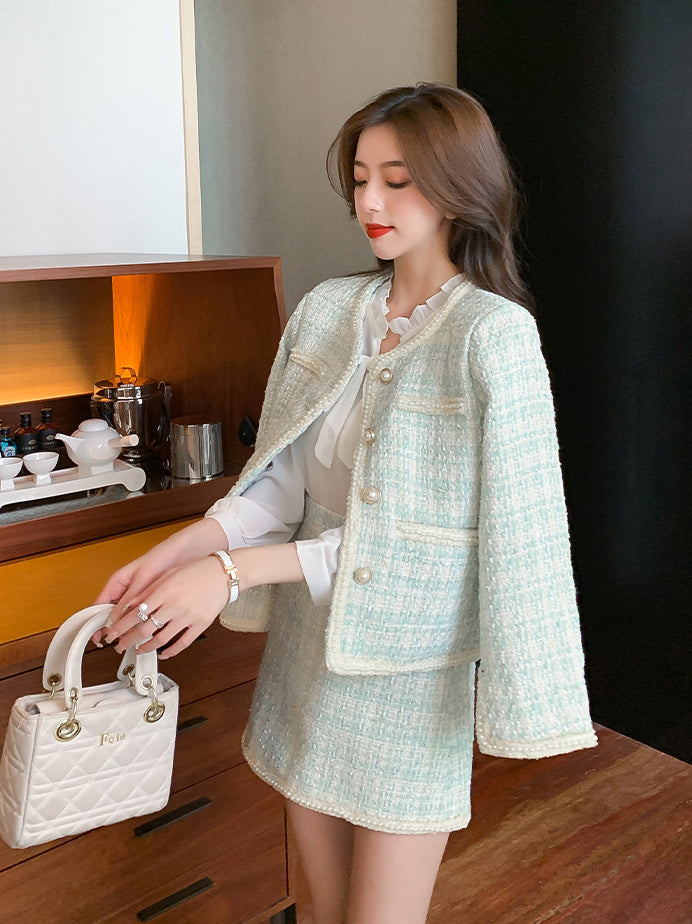 Light Green Jacket + Shirt + Mini Skirt Three Pieces Suit Set