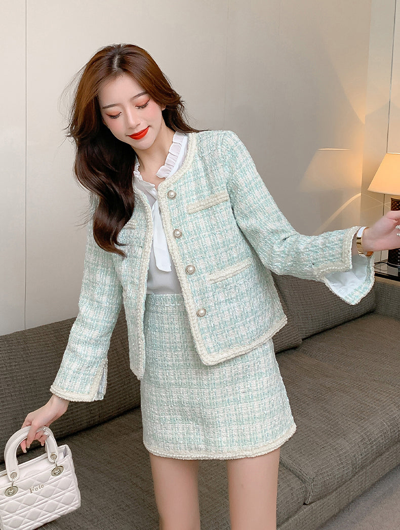 Light Green Jacket + Shirt + Mini Skirt Three Pieces Suit Set