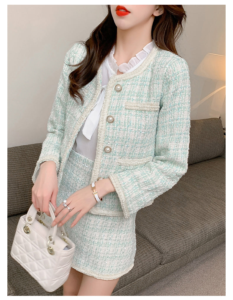 Light Green Jacket + Shirt + Mini Skirt Three Pieces Suit Set