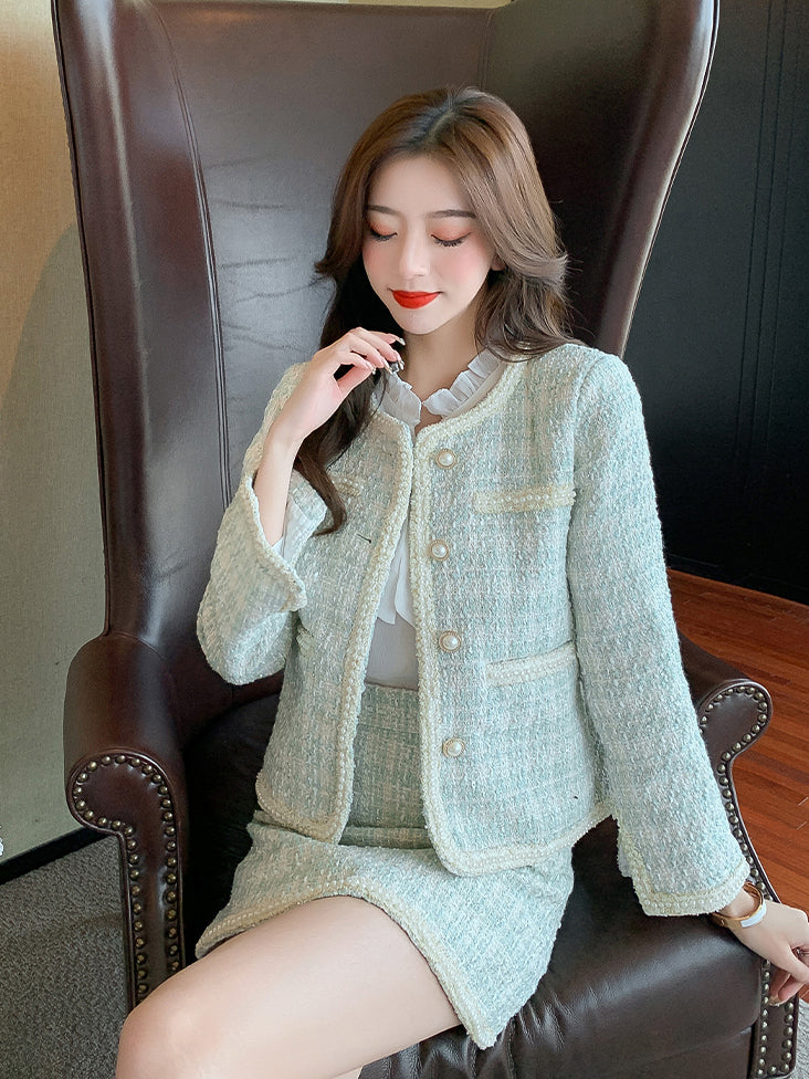 Light Green Jacket + Shirt + Mini Skirt Three Pieces Suit Set