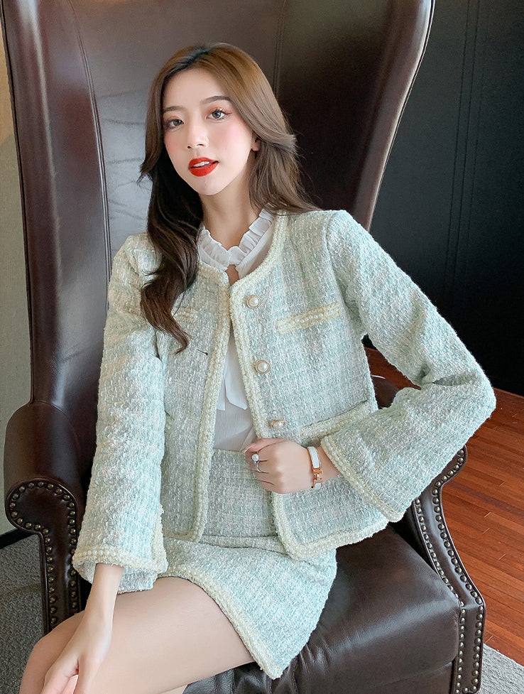 Light Green Jacket + Shirt + Mini Skirt Three Pieces Suit Set