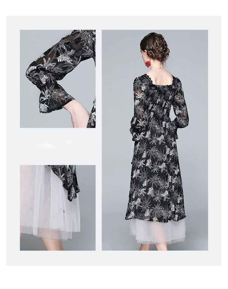 Black Flocking Flower Retro Elegant Dress