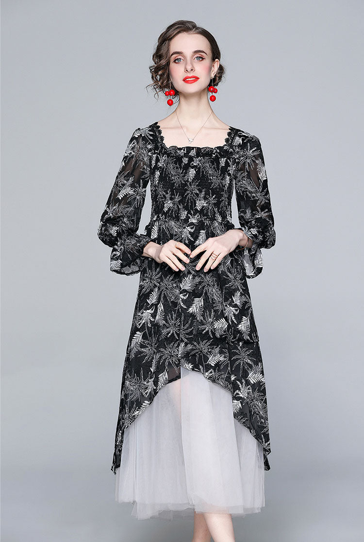 Black Flocking Flower Retro Elegant Dress