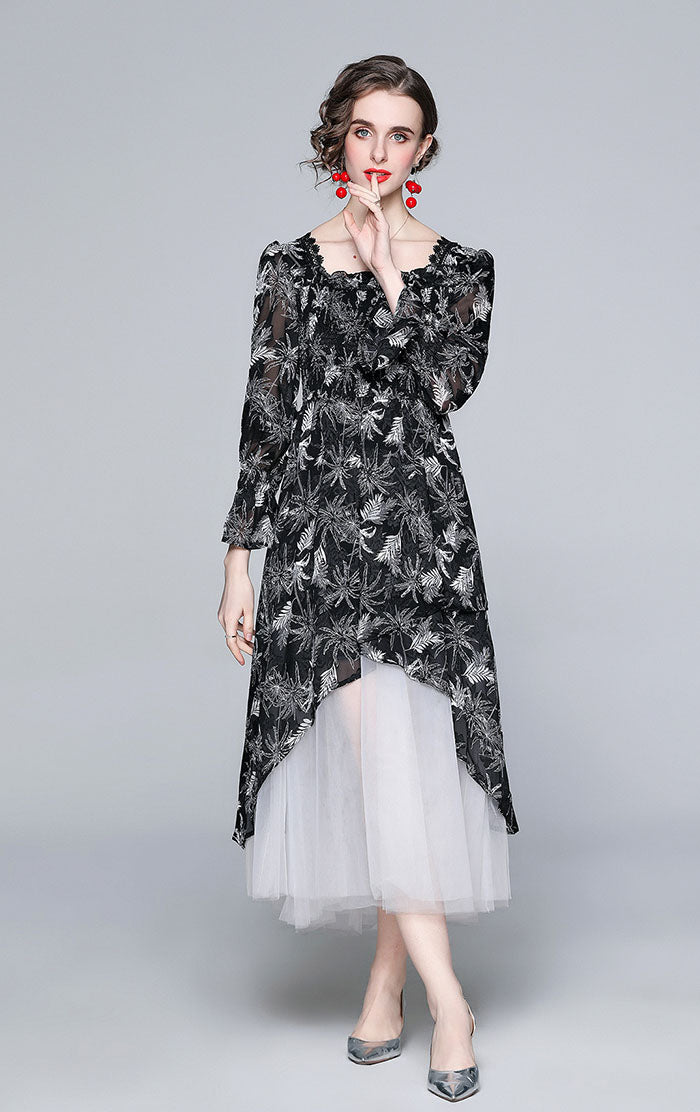 Black Flocking Flower Retro Elegant Dress