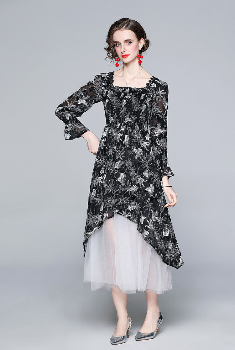 Black Flocking Flower Retro Elegant Dress