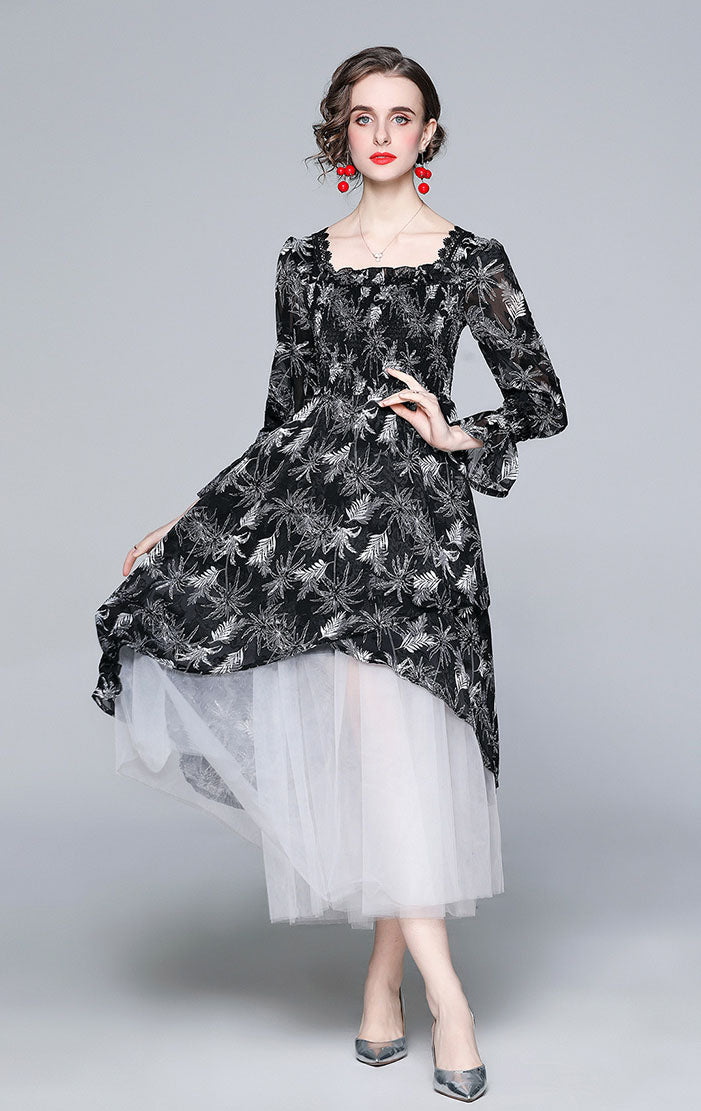 Black Flocking Flower Retro Elegant Dress