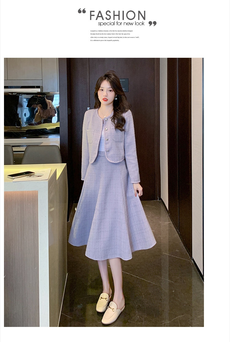 Elegant Tweed Jacket + A-line Skirt Two Pieces Suit Set