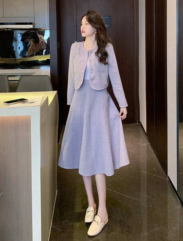 Elegant Tweed Jacket + A-line Skirt Two Pieces Suit Set