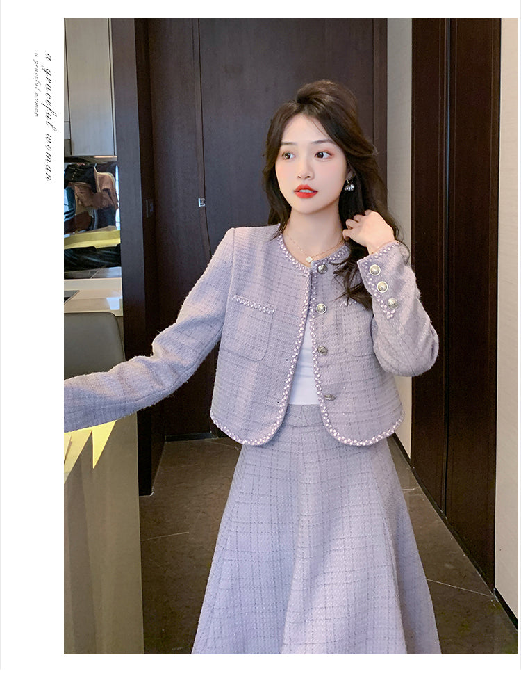 Elegant Tweed Jacket + A-line Skirt Two Pieces Suit Set