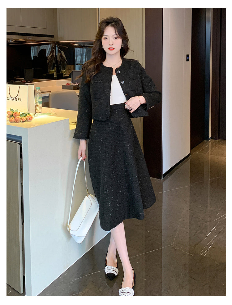 Elegant Tweed Jacket + A-line Skirt Two Pieces Suit Set