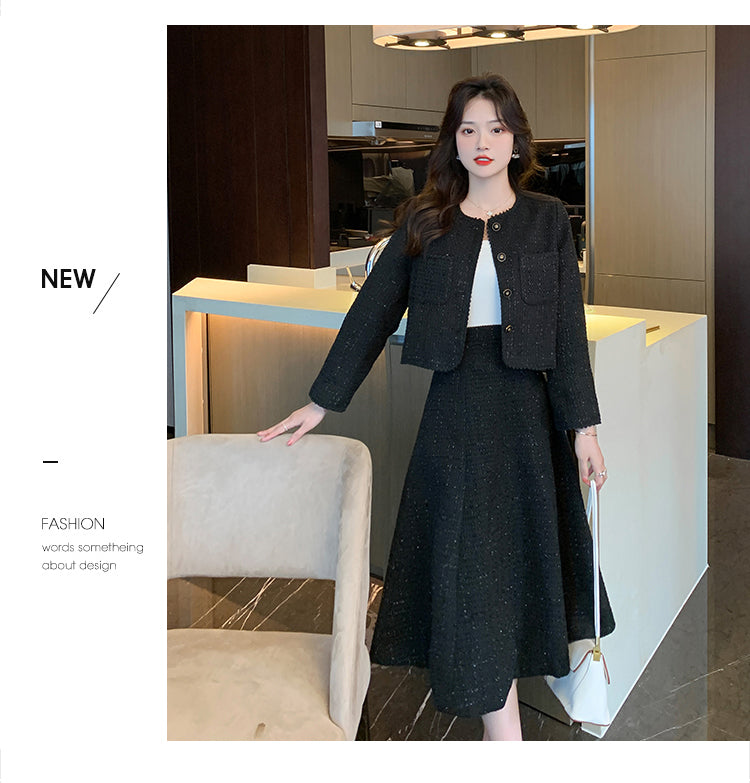 Elegant Tweed Jacket + A-line Skirt Two Pieces Suit Set