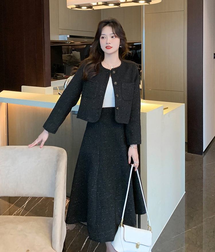 Elegant Tweed Jacket + A-line Skirt Two Pieces Suit Set