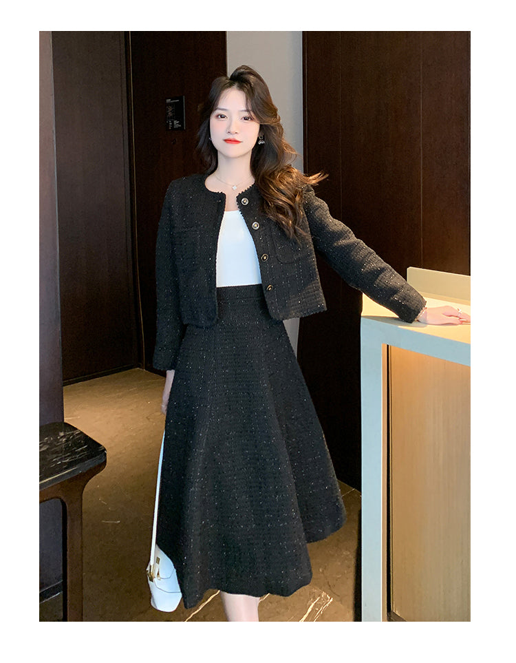 Elegant Tweed Jacket + A-line Skirt Two Pieces Suit Set