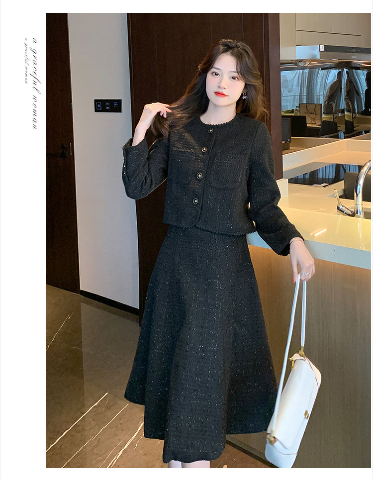 Elegant Tweed Jacket + A-line Skirt Two Pieces Suit Set